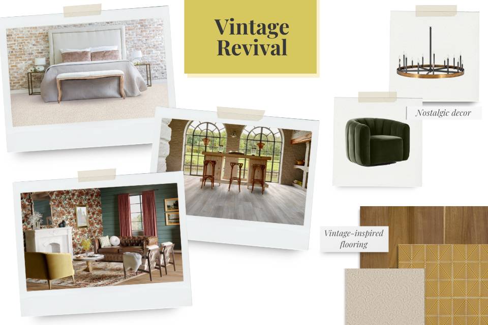 Vintage revival mood board featuring room scenes with vintage inspired flooring options and decor choices.